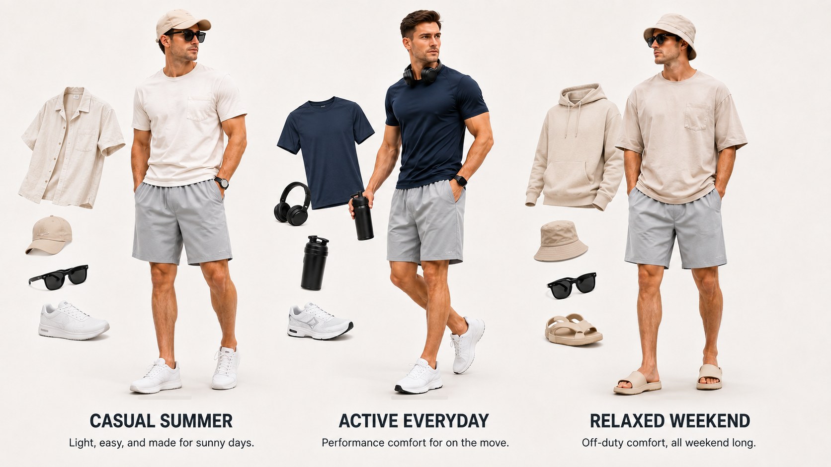 Men's athletic shorts outfit rotation for casual summer active everyday and relaxed weekend wear