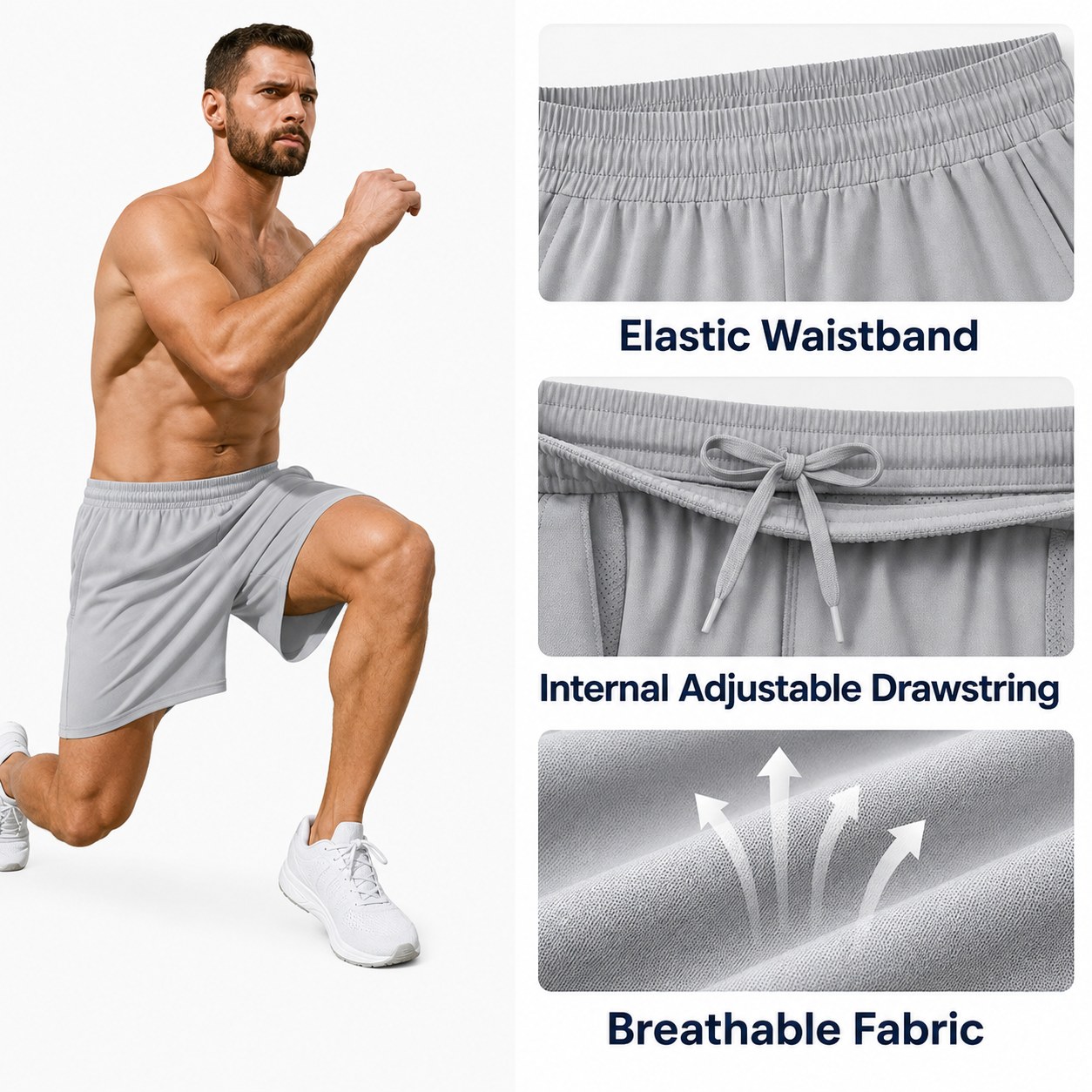 Men's athletic shorts elastic waistband internal adjustable drawstring and breathable fabric detail