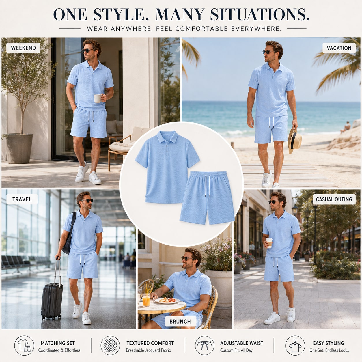 Men's matching textured polo shorts set styled for weekend vacation travel brunch and casual outings