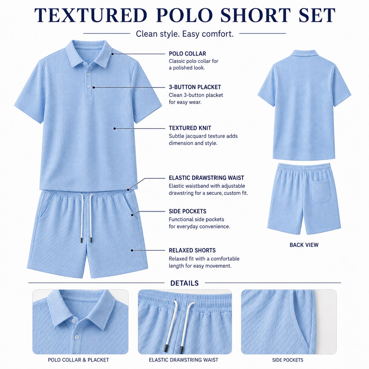 Men's textured knit polo and shorts matching set with polo collar button placket drawstring waist and pockets