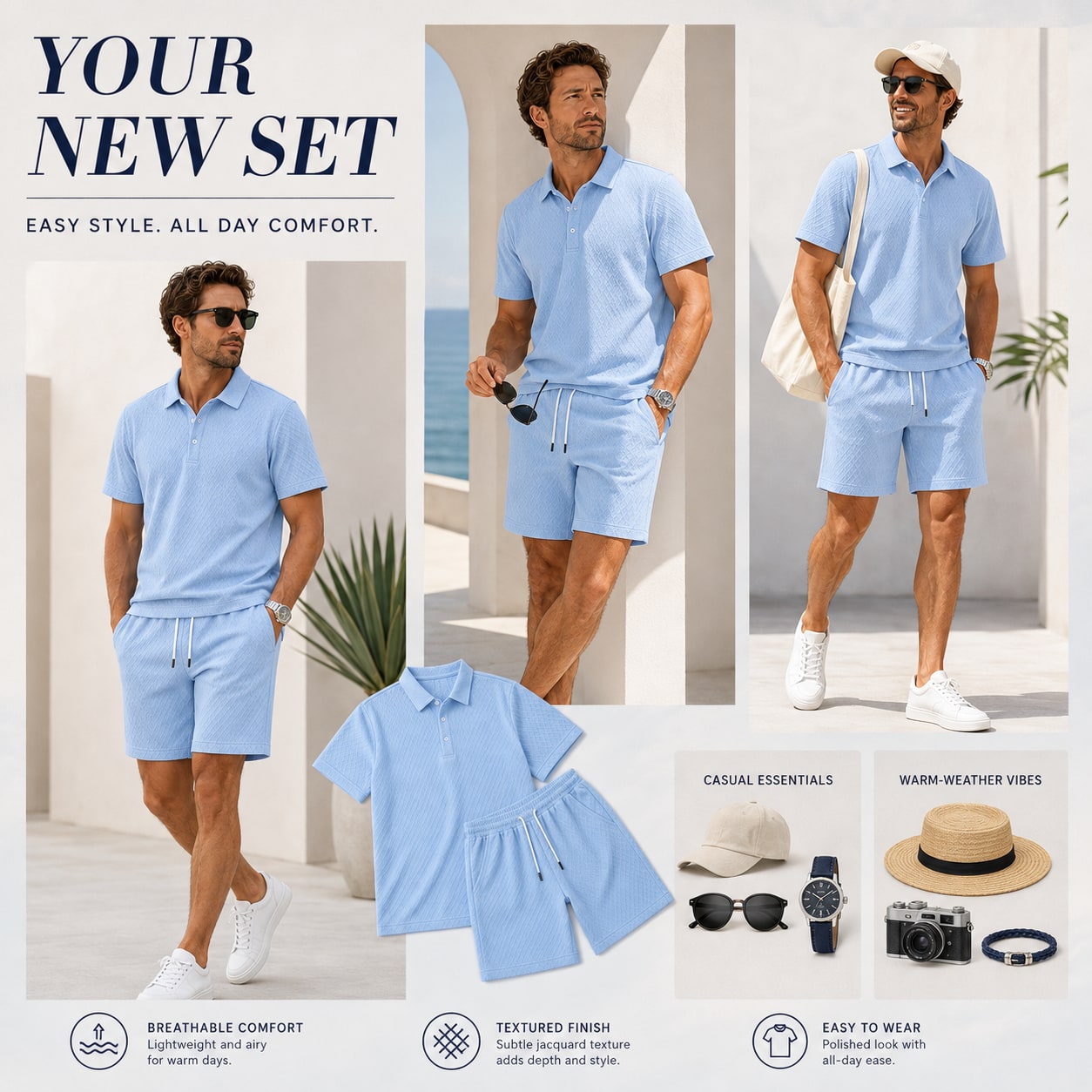 Men wearing a light blue textured polo shorts set in warm-weather casual outfits