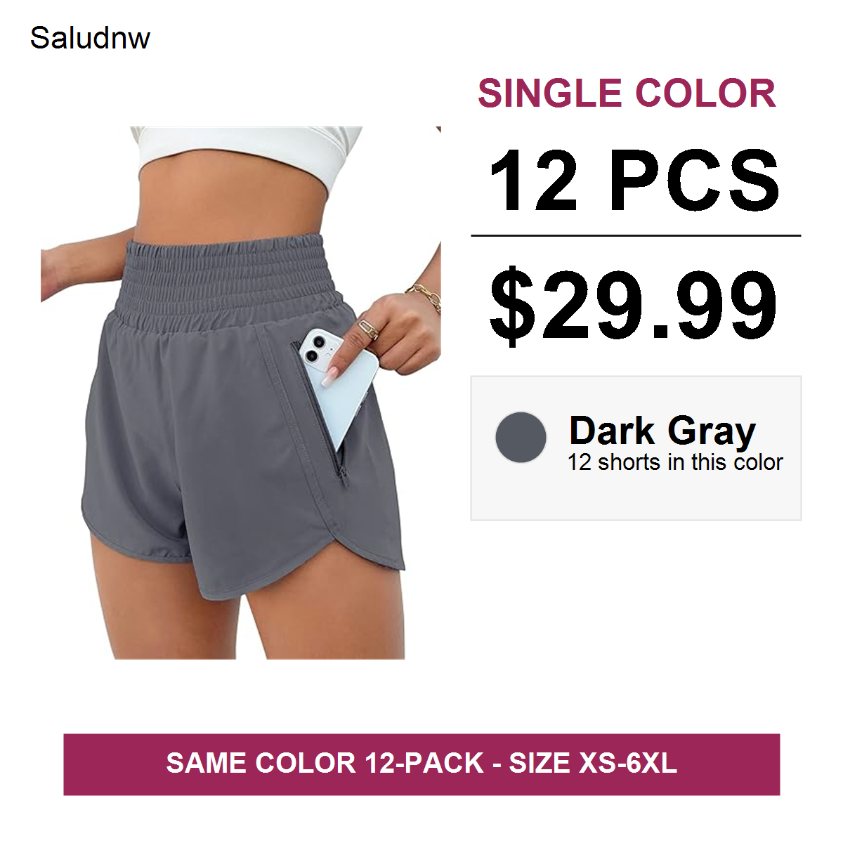 Single-color 12 pcs $29.99 women's athletic shorts - Dark Gray
