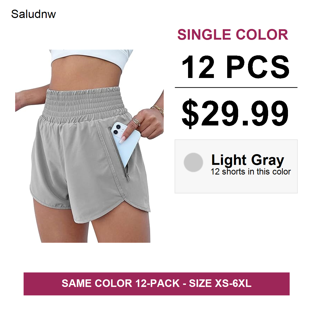 Single-color 12 pcs $29.99 women's athletic shorts - Light Gray