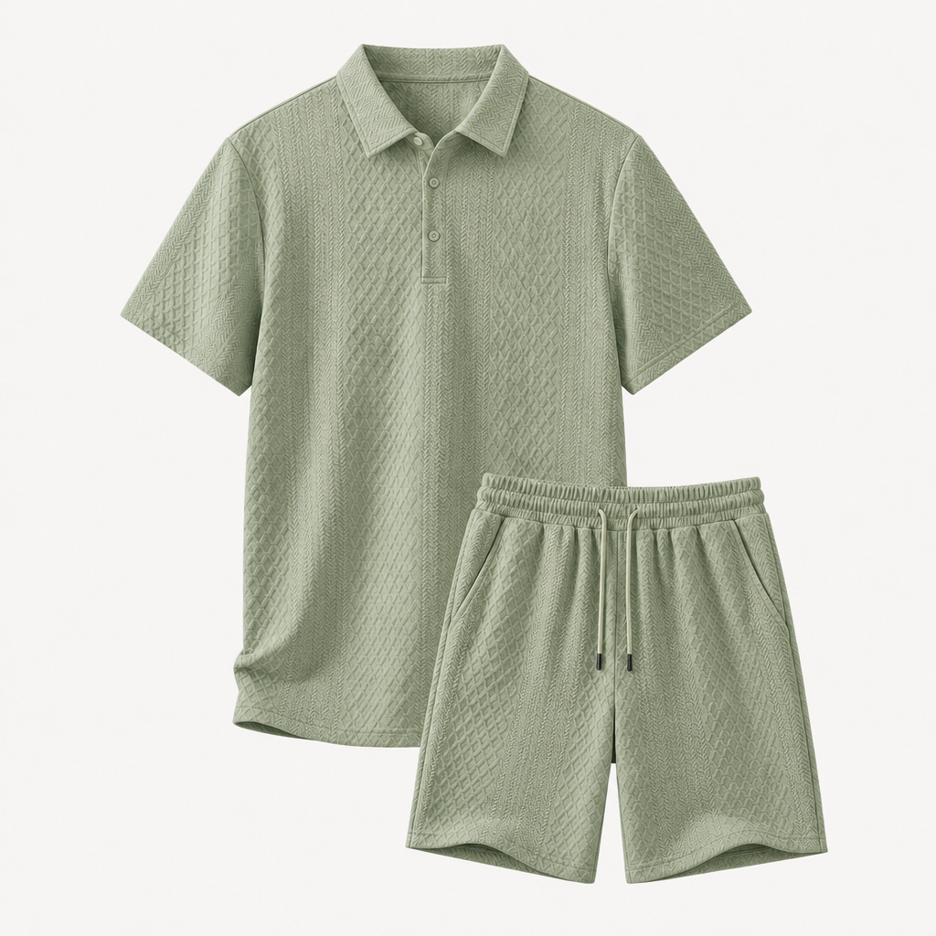 Sage Green men textured knit polo shorts set