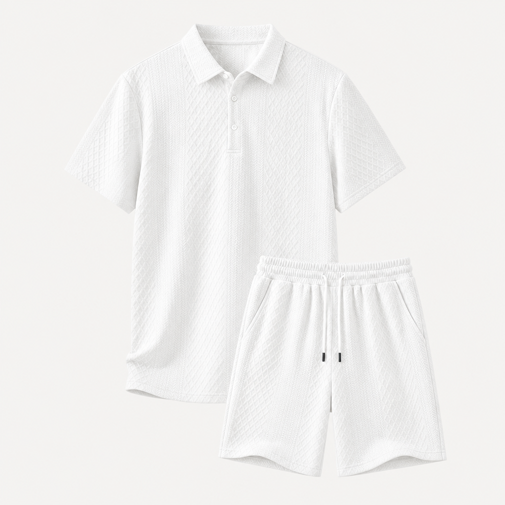 White men textured knit polo shorts set