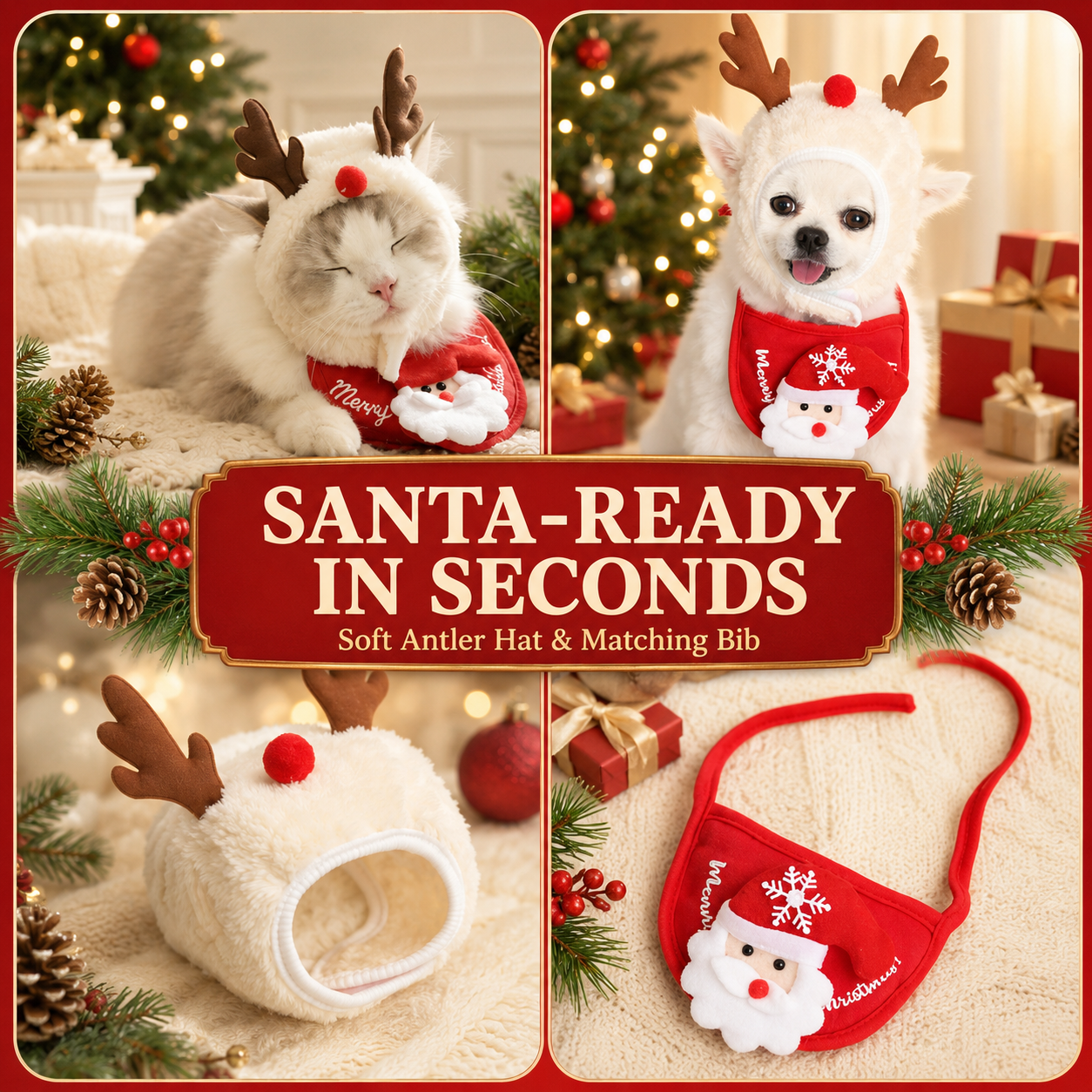 Festive pet hood and coordinating Christmas bib set