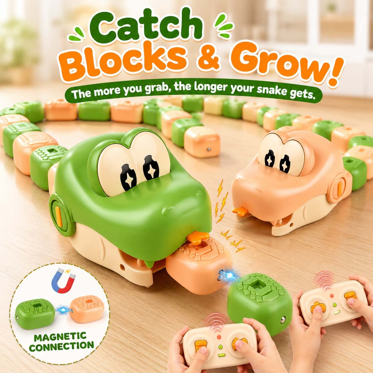 🧲🐍 2 Players Slither Snake Remote Control Toy, Eating Snake RC Car Toy, Realistic Crawling Snake Game Race Car for Kid🎄🎮