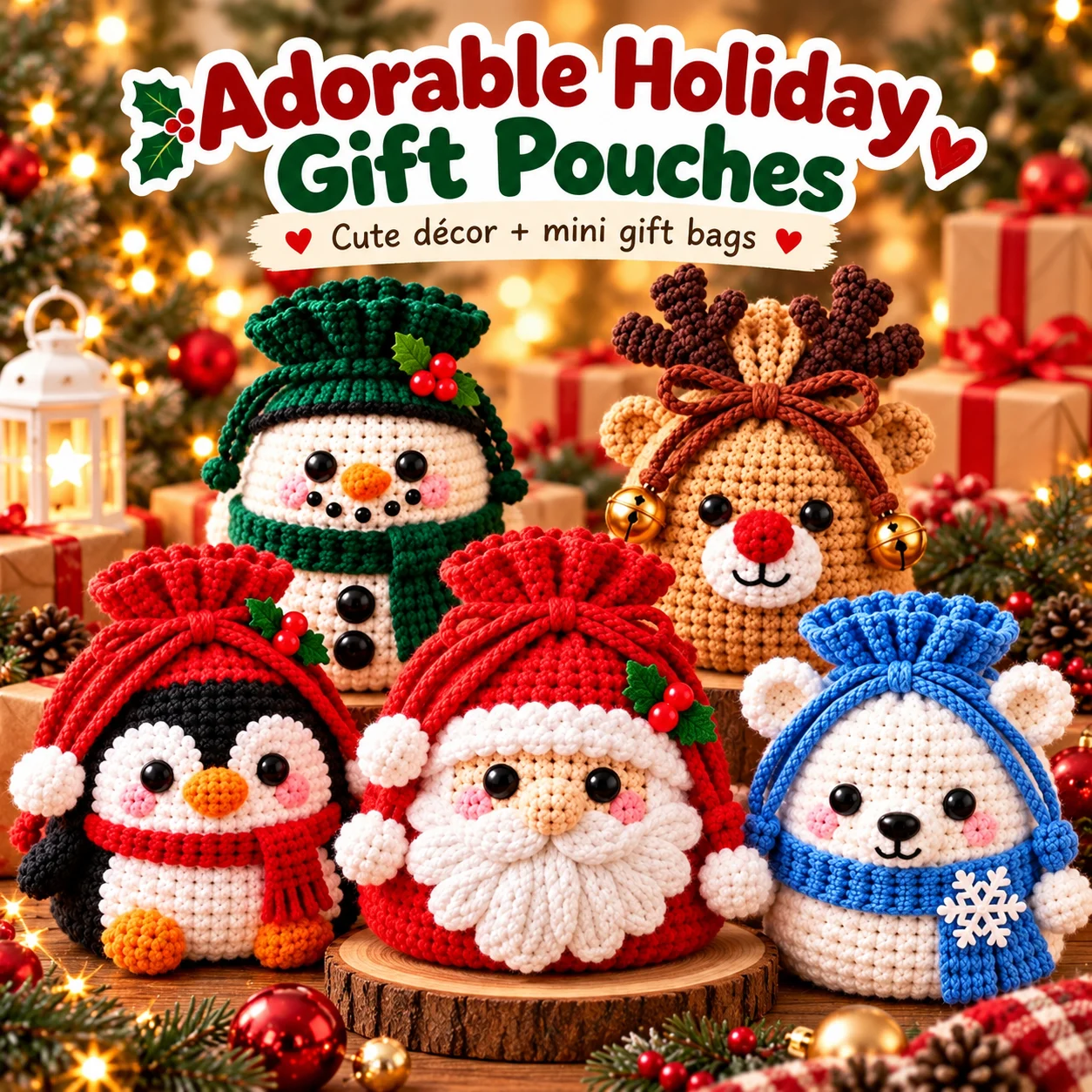🎄 Christmas Crochet Character Gift Pouch | Reusable Drawstring Gift Bag — 12 Festive Designs
