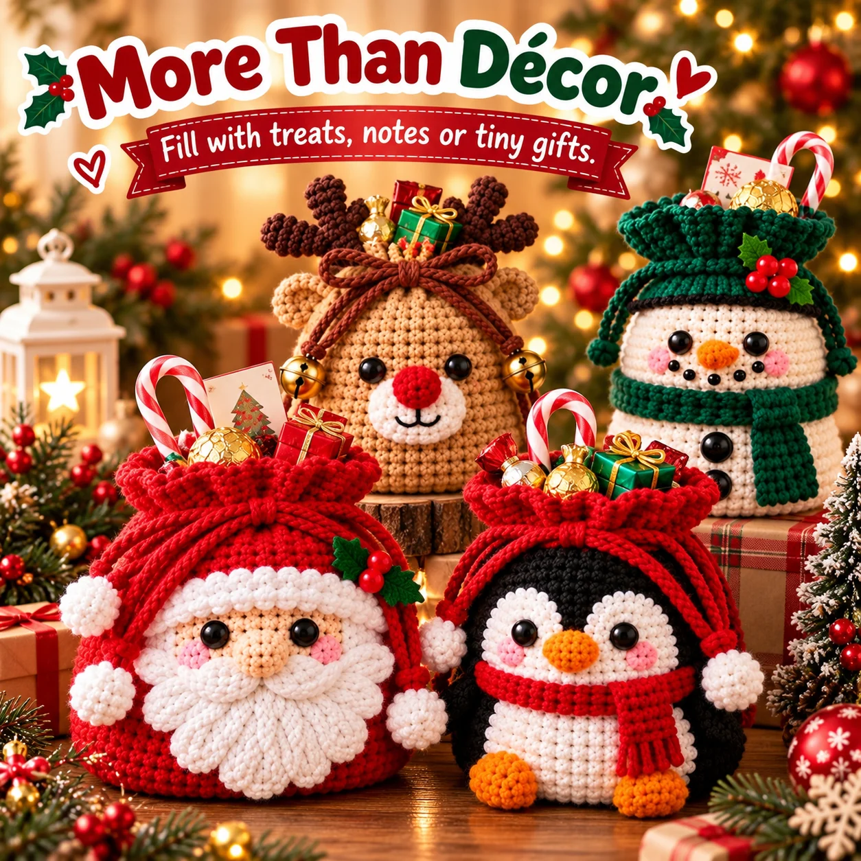 🎄 Christmas Crochet Character Gift Pouch | Reusable Drawstring Gift Bag — 12 Festive Designs