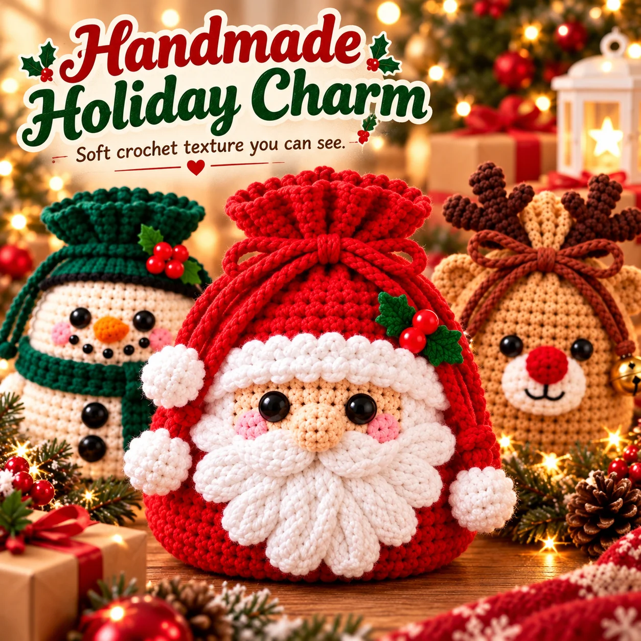 🎄 Christmas Crochet Character Gift Pouch | Reusable Drawstring Gift Bag — 12 Festive Designs