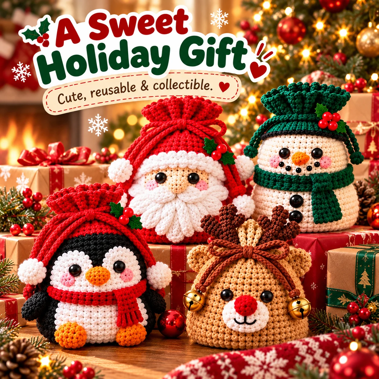 🎄 Christmas Crochet Character Gift Pouch | Reusable Drawstring Gift Bag — 12 Festive Designs