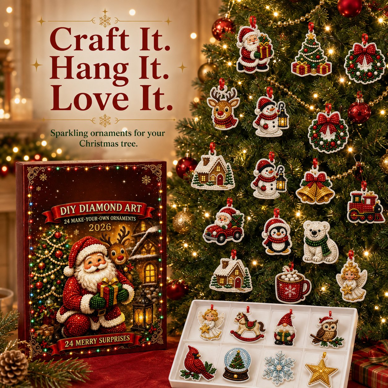 Finished ornaments displayed on Christmas tree