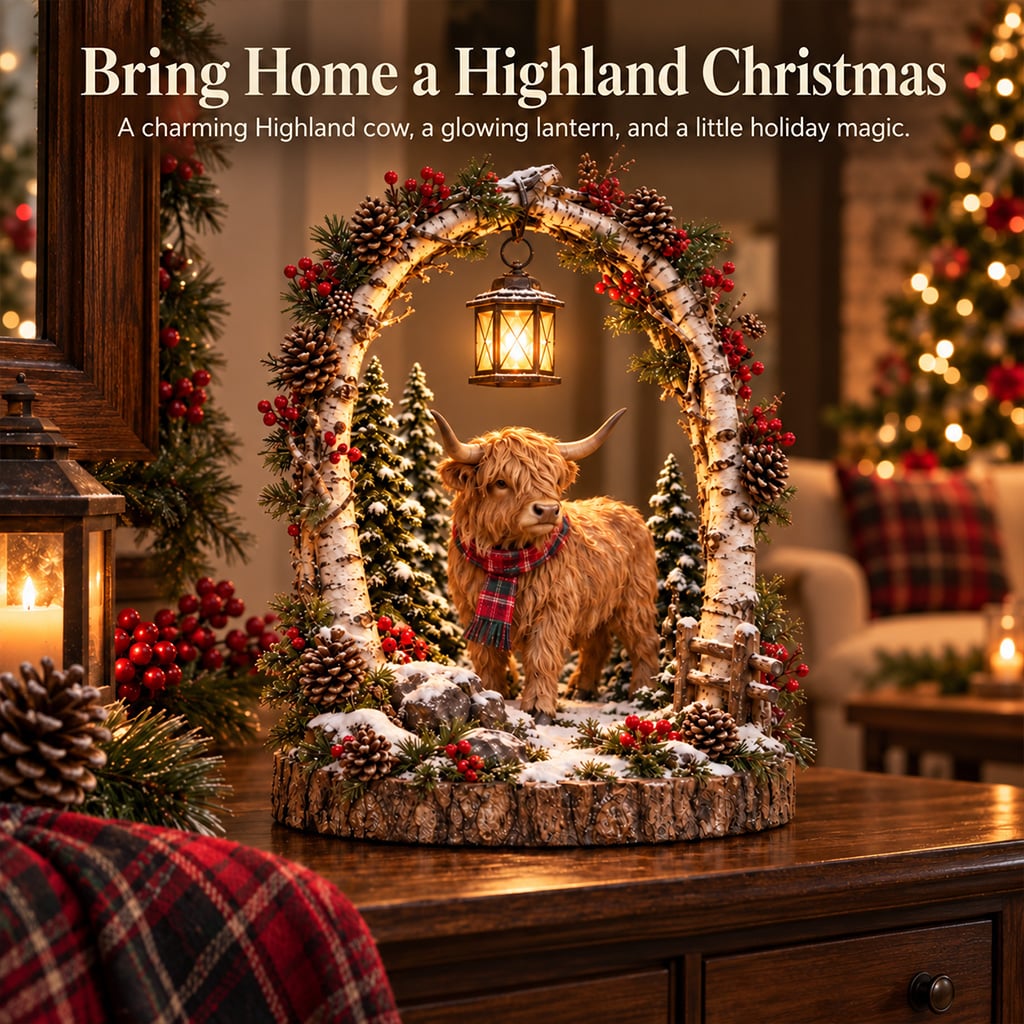 🦬 Highland Cow Christmas Woodland Lantern Decor 🎄 – Rustic Lighted Farmhouse Winter Tabletop Decoration 🎁