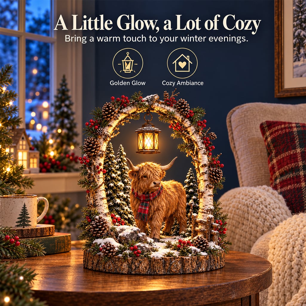 🦬 Highland Cow Christmas Woodland Lantern Decor 🎄 – Rustic Lighted Farmhouse Winter Tabletop Decoration 🎁