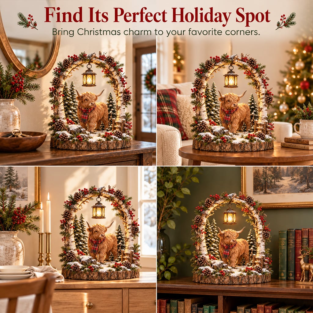 🦬 Highland Cow Christmas Woodland Lantern Decor 🎄 – Rustic Lighted Farmhouse Winter Tabletop Decoration 🎁
