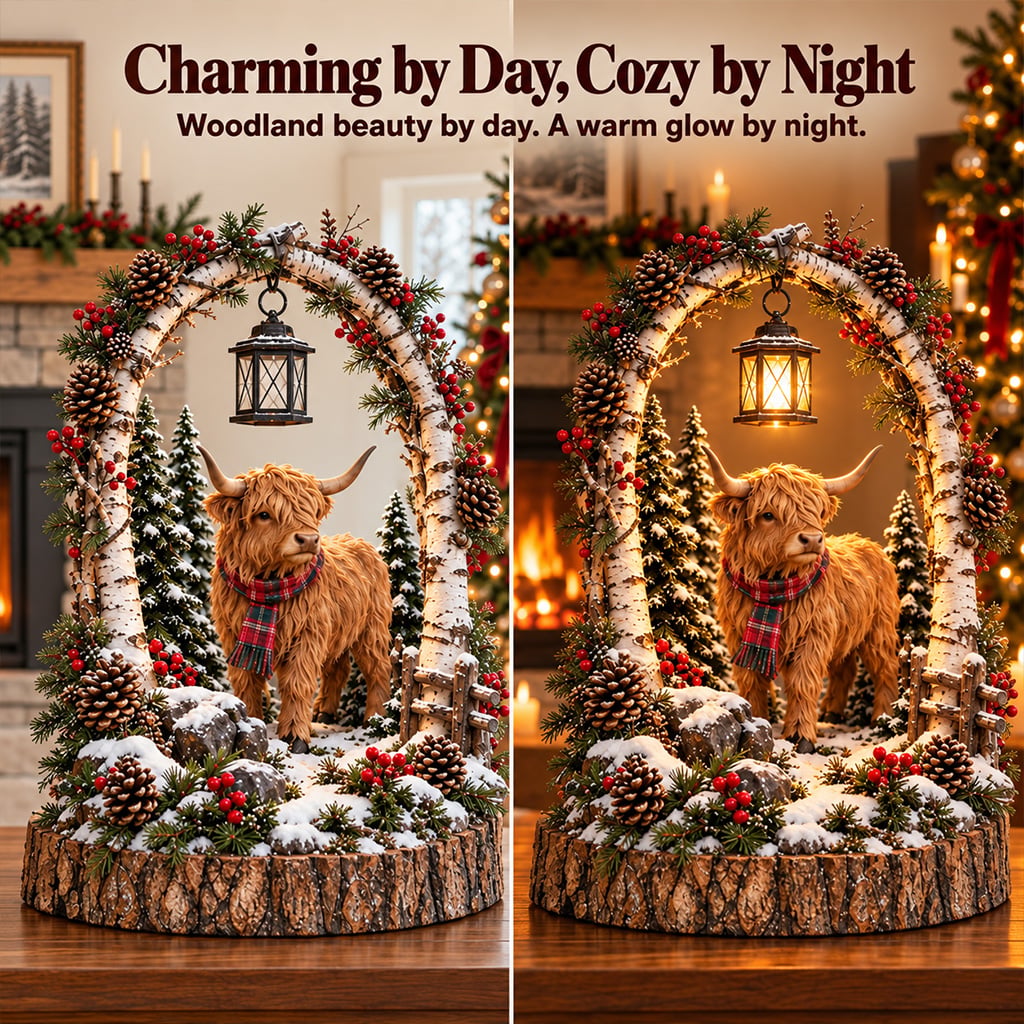 🦬 Highland Cow Christmas Woodland Lantern Decor 🎄 – Rustic Lighted Farmhouse Winter Tabletop Decoration 🎁