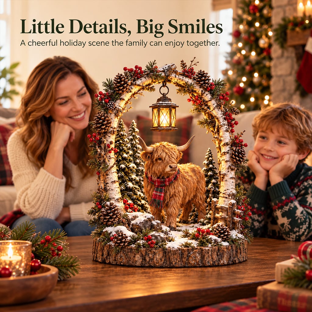 🦬 Highland Cow Christmas Woodland Lantern Decor 🎄 – Rustic Lighted Farmhouse Winter Tabletop Decoration 🎁