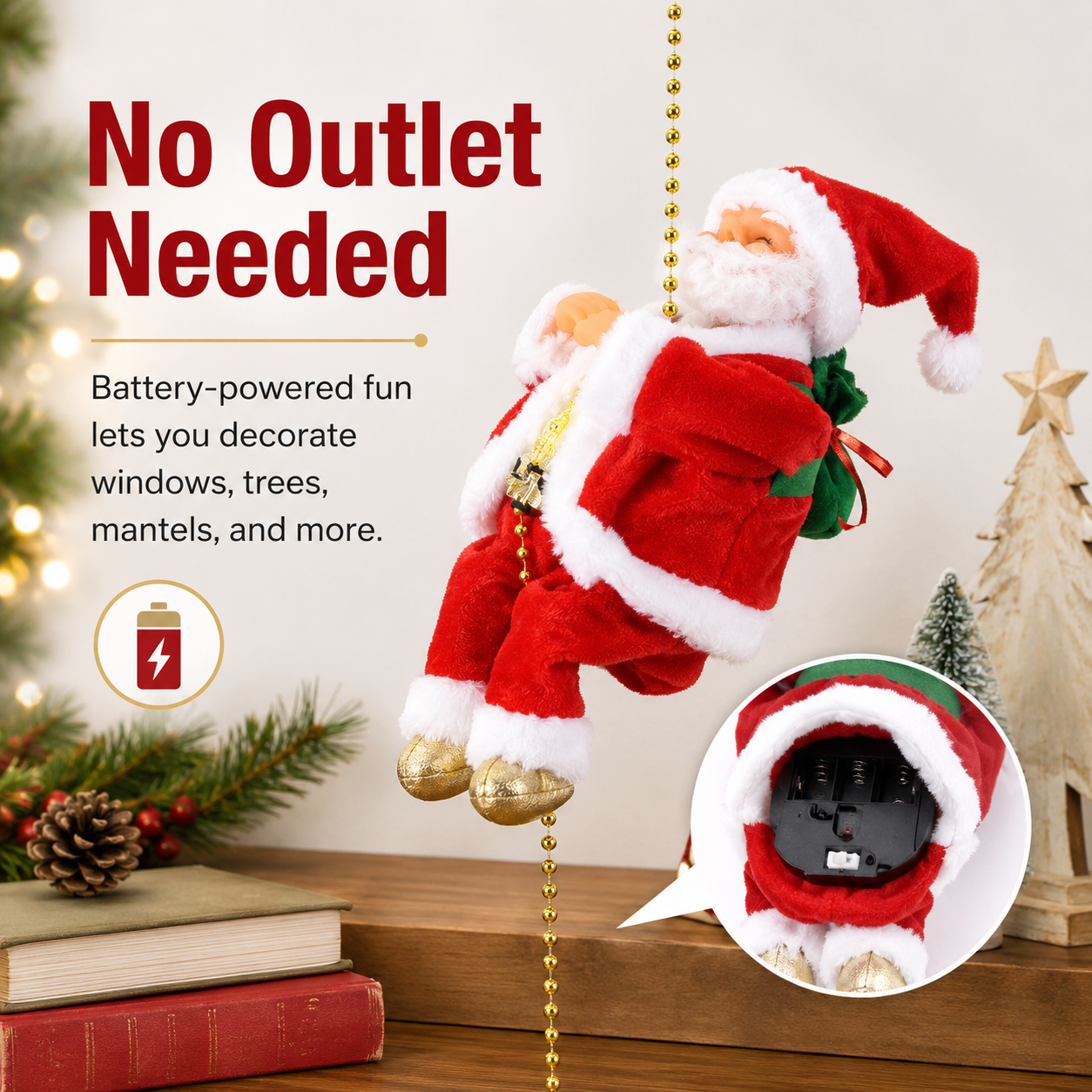 Battery-powered climbing Santa flexible placement