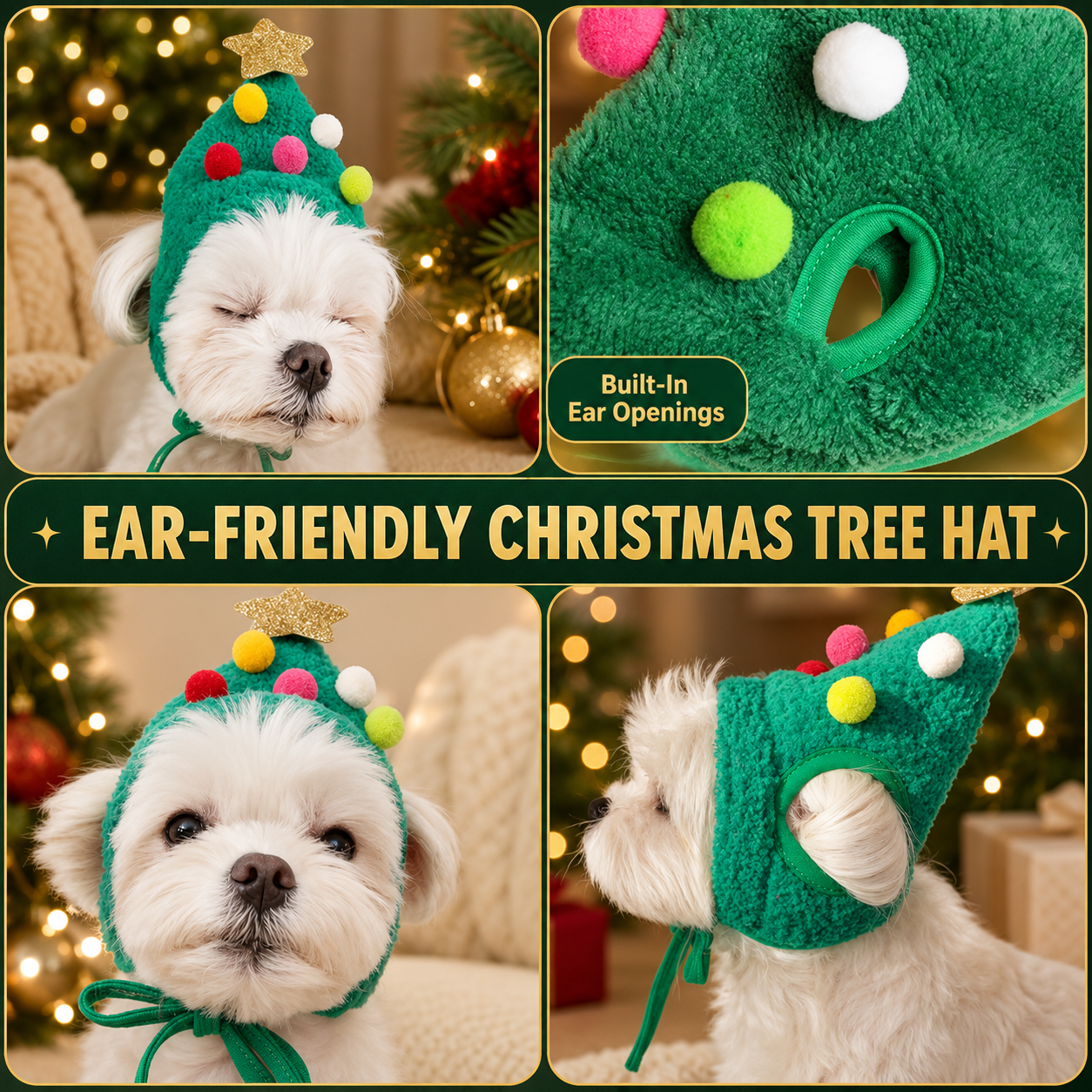 Ear openings and adjustable ties on the Christmas tree pet hat