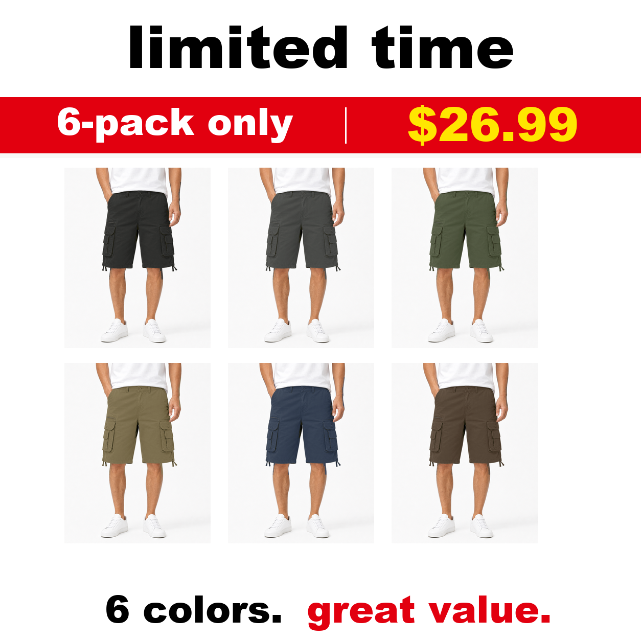 6-Pack men's tactical cargo shorts bundle