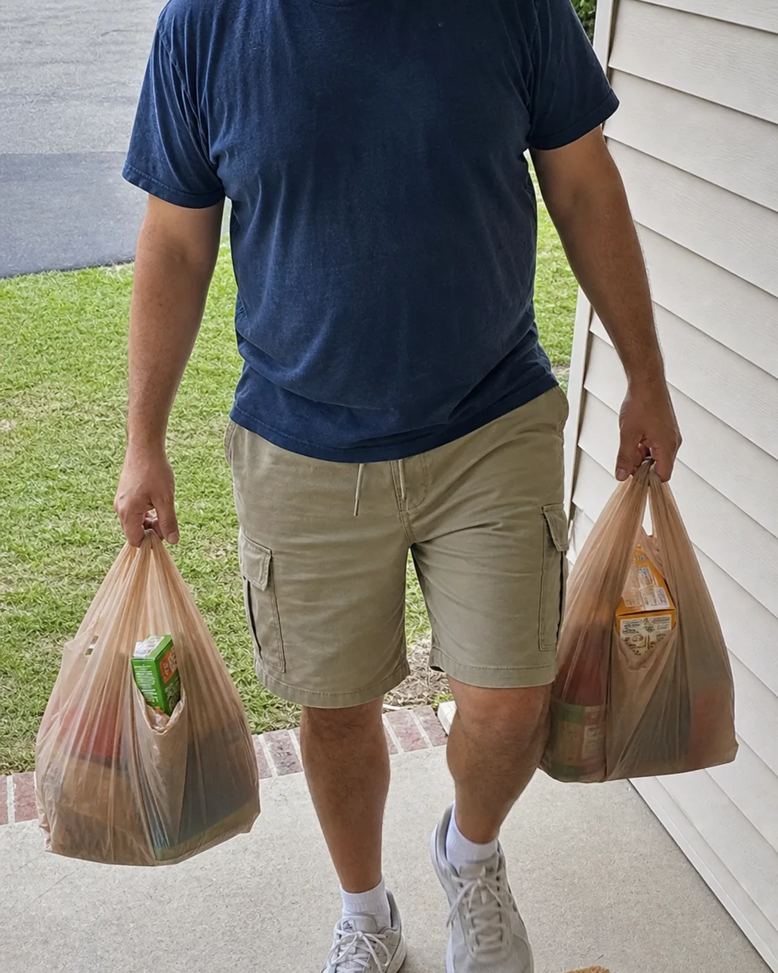Khaki cargo shorts casual grocery run photo