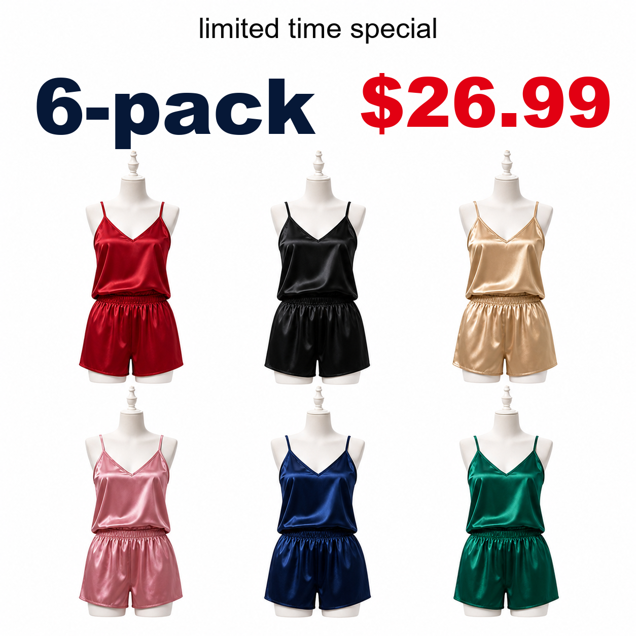 6-Pack satin cami pajama set bundle