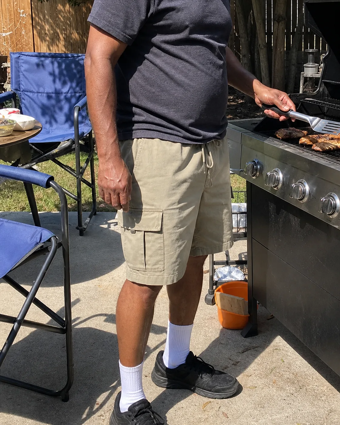 Khaki cargo shorts backyard cookout photo