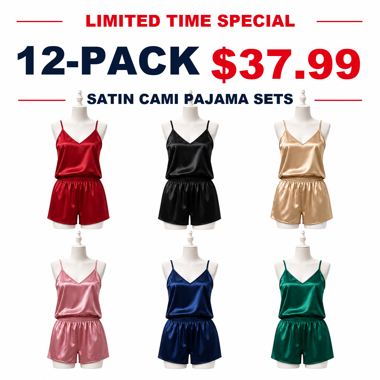 12-Pack satin cami pajama set bundle