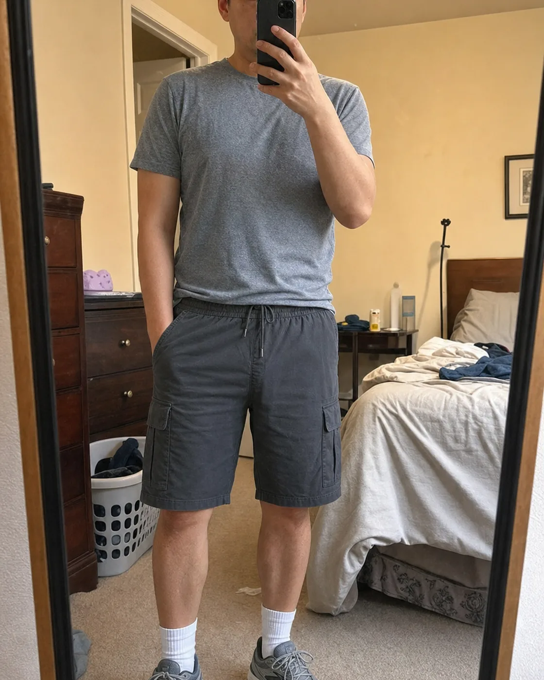 Charcoal cargo shorts bedroom mirror fit photo