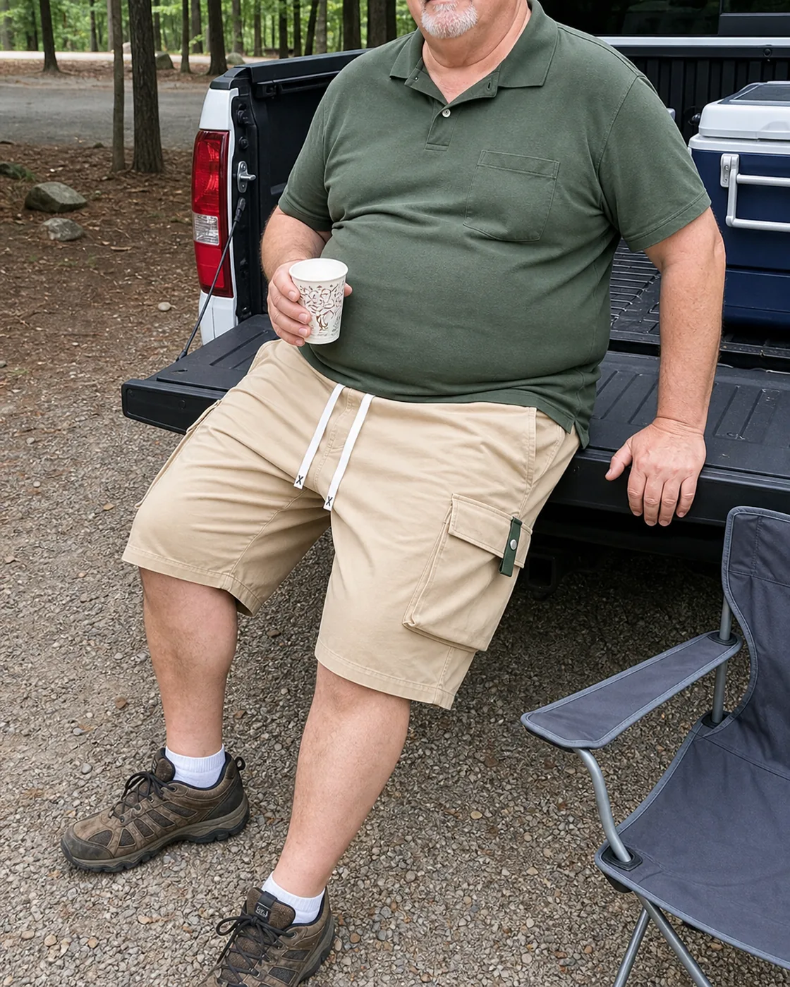 Beige plus-size cargo shorts campground photo