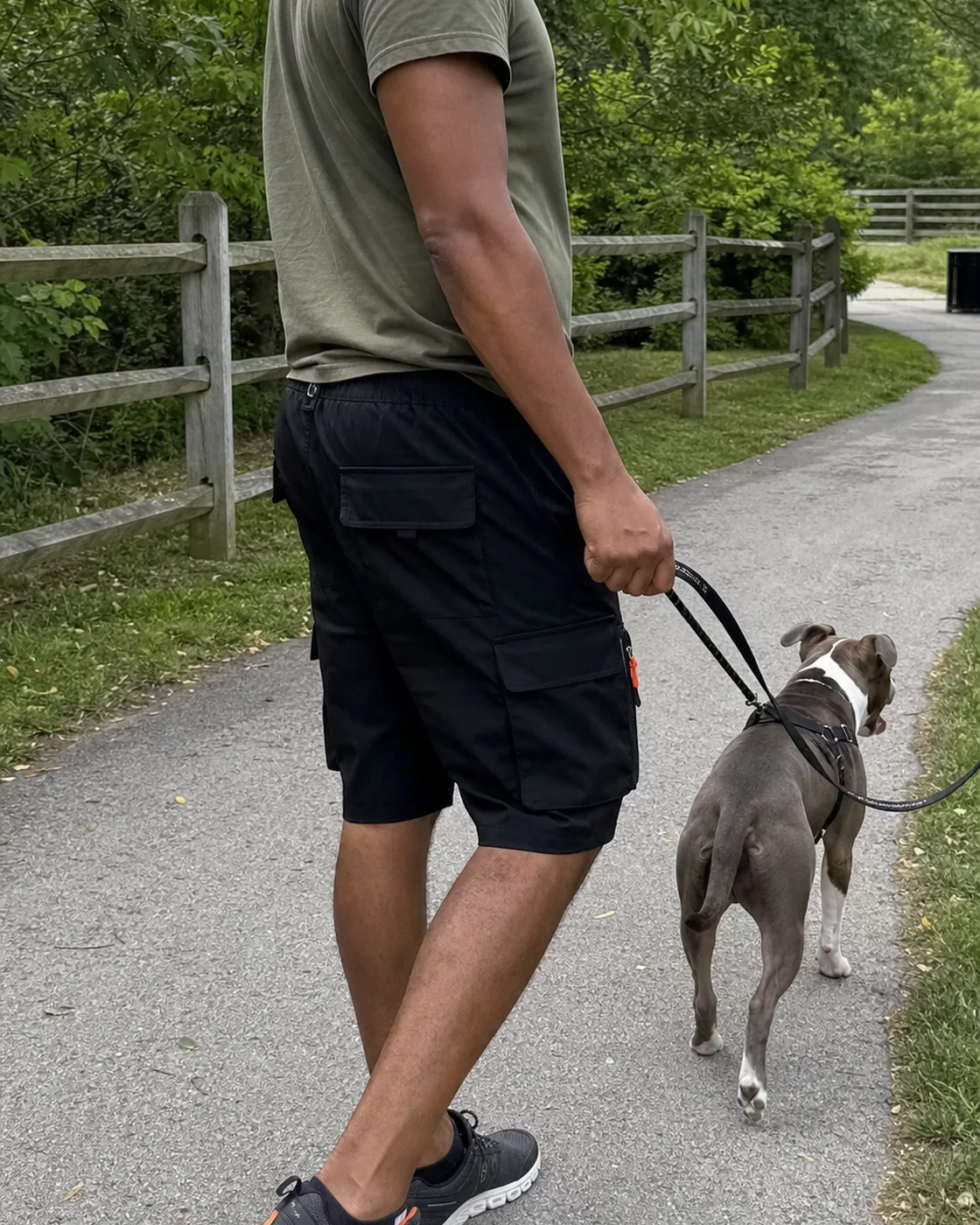 Black athleisure cargo shorts dog-walk photo