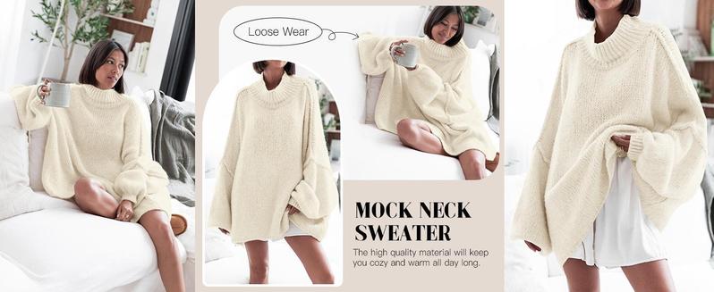 Ebifin【Oversized】Womens Sweaters Mock Neck Batwing Long Sleeve Fall Trendy Ribbed Knit Casual Tunic Sweater