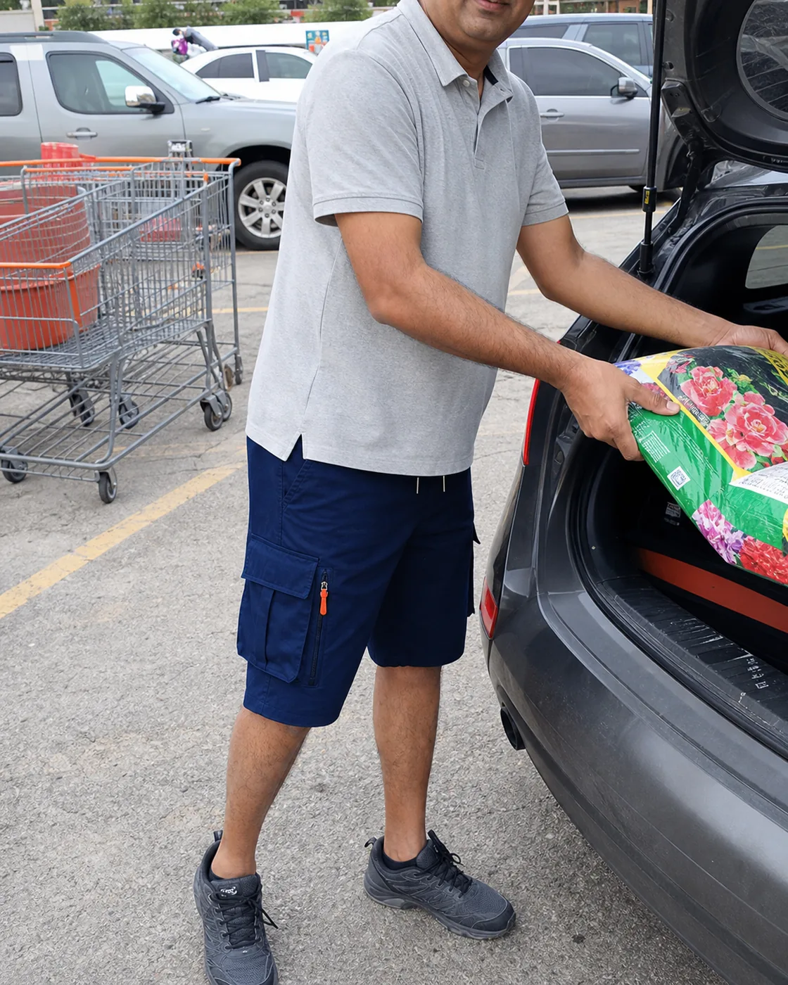 Navy athleisure cargo shorts hardware-store errand photo