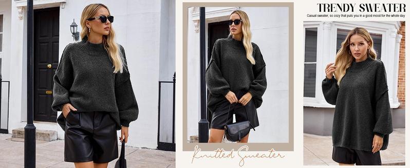 Ebifin【Oversized】Womens Sweaters Mock Neck Batwing Long Sleeve Fall Trendy Ribbed Knit Casual Tunic Sweater