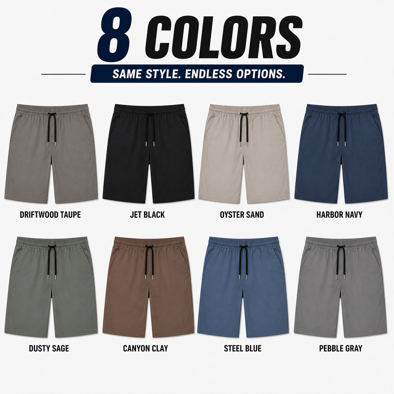 8-color product lineup showing the same men's woven drawstring shorts in all confirmed colors