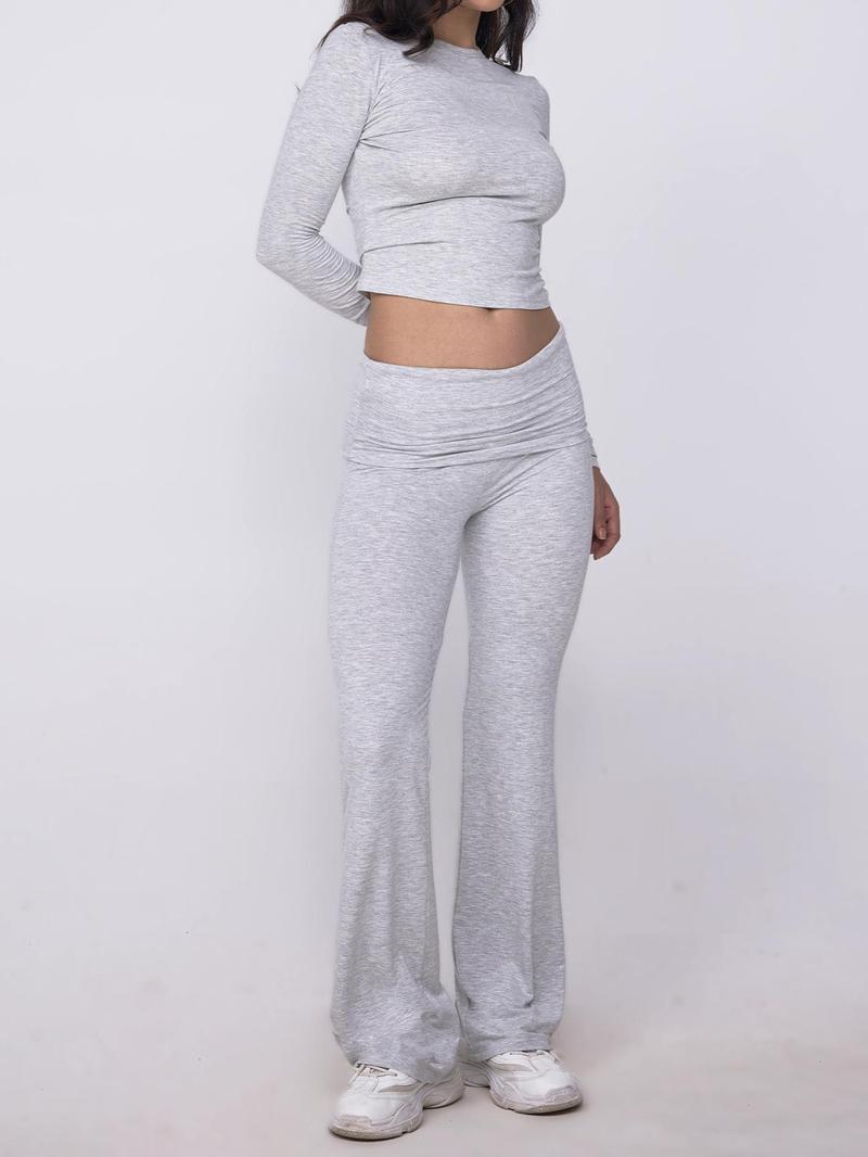 Two-piece Set Women's Solid Color Long Sleeve Coverage Crop Top & High Waist Flare Leg Pants, Casual Fashion Cozy Soft Modal Fabric Round Neck Top & Bell Bottom Trousers for Daily Outdoor Wear, Ladies Clothes for All Seasons, Matching Sets for Women Two-piece Set Women's Solid Color Long Sleeve Coverage Crop Top & High Waist Flare Leg Pants, Casual Fashion Cozy Soft Modal Fabric Round Neck Top & Bell Bottom Trousers for Daily Outdoor Wear, Ladies Clothes for All Seasons, Matching Sets for Women