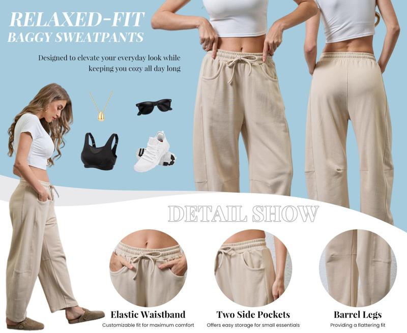 Ommig Women's Barrel Leg Sweatpant Drawstring Elastic Waisted Wide Leg Pants Casual Cotton Palazzo Trousers with Pockets