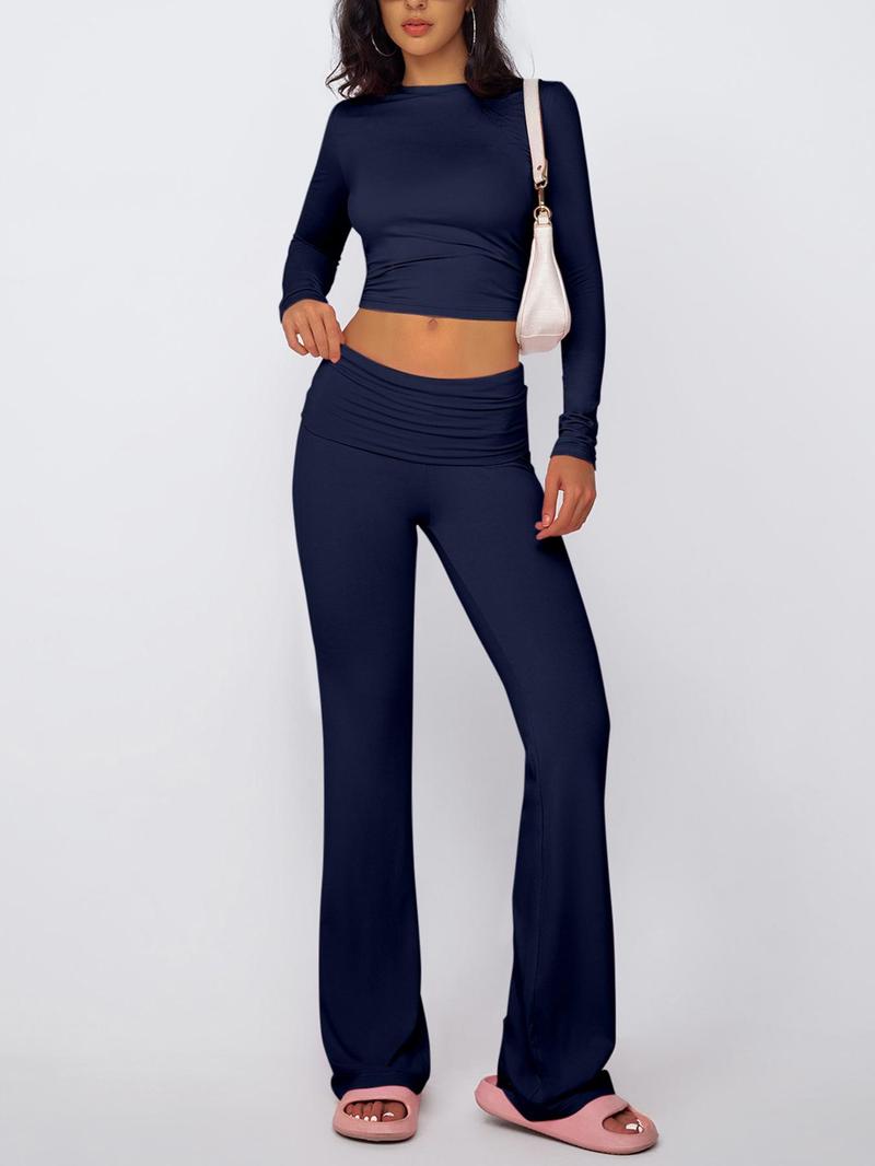 Two-piece Set Women's Solid Color Long Sleeve Coverage Crop Top & High Waist Flare Leg Pants, Casual Fashion Cozy Soft Modal Fabric Round Neck Top & Bell Bottom Trousers for Daily Outdoor Wear, Ladies Clothes for All Seasons, Matching Sets for Women Two-piece Set Women's Solid Color Long Sleeve Coverage Crop Top & High Waist Flare Leg Pants, Casual Fashion Cozy Soft Modal Fabric Round Neck Top & Bell Bottom Trousers for Daily Outdoor Wear, Ladies Clothes for All Seasons, Matching Sets for Women