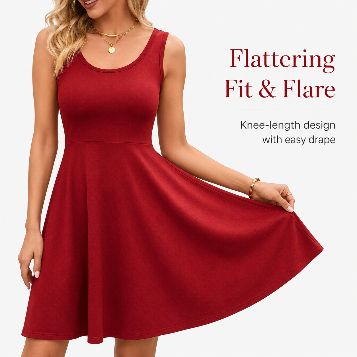 Close view of the lightweight jersey texture and skirt drape