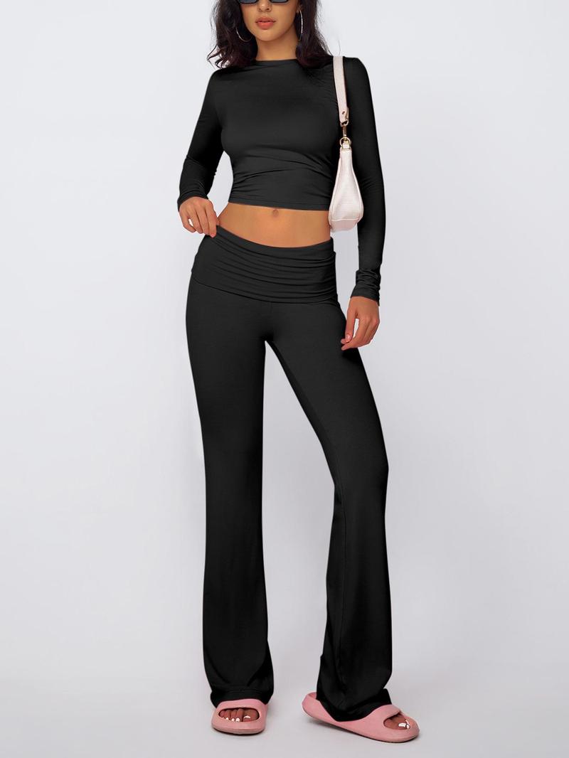 Two-piece Set Women's Solid Color Long Sleeve Coverage Crop Top & High Waist Flare Leg Pants, Casual Fashion Cozy Soft Modal Fabric Round Neck Top & Bell Bottom Trousers for Daily Outdoor Wear, Ladies Clothes for All Seasons, Matching Sets for Women Two-piece Set Women's Solid Color Long Sleeve Coverage Crop Top & High Waist Flare Leg Pants, Casual Fashion Cozy Soft Modal Fabric Round Neck Top & Bell Bottom Trousers for Daily Outdoor Wear, Ladies Clothes for All Seasons, Matching Sets for Women