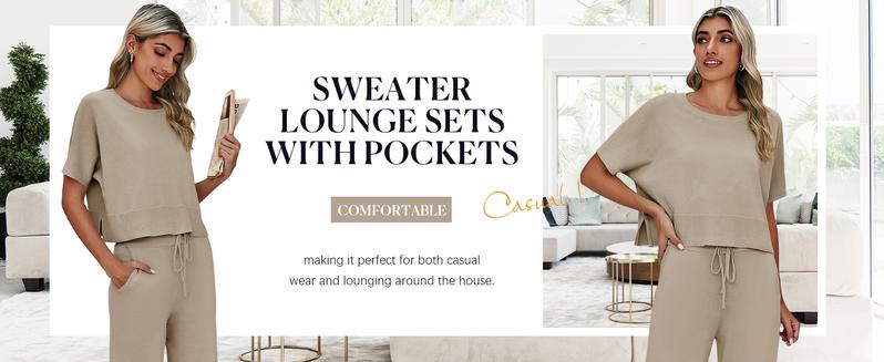 Goranbon Womens 2 Piece Outfits Sweater Sets Knit Split Crop Tops High Waisted Pants Lounge Set Goranbon Womens 2 Piece Outfits Sweater Sets Knit Split Crop Tops High Waisted Pants Lounge Set