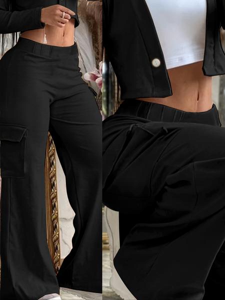 Women's Solid Color Flap Pocket Pants, Casual Street Comfy Trousers for Daily Wear, Ladies Bottoms for Spring & Fall