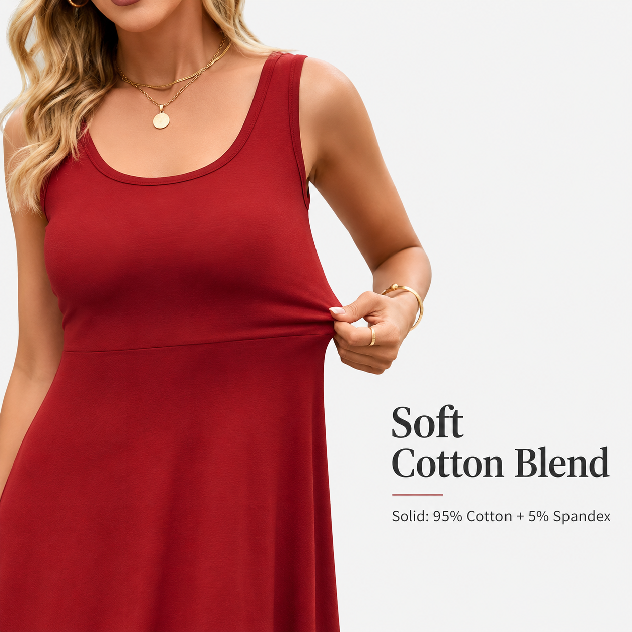 Close view of scoop neckline, strap width, and waist seam