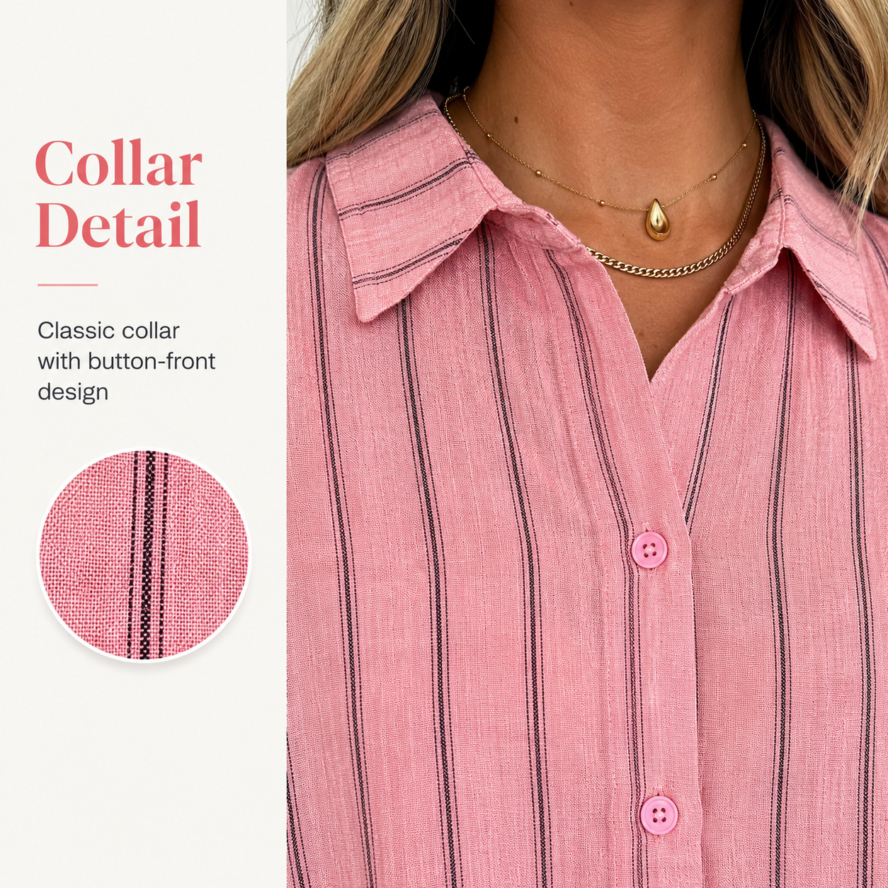 Pointed collar and button placket detail