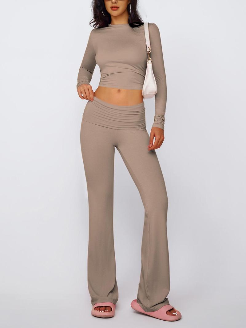 Two-piece Set Women's Solid Color Long Sleeve Coverage Crop Top & High Waist Flare Leg Pants, Casual Fashion Cozy Soft Modal Fabric Round Neck Top & Bell Bottom Trousers for Daily Outdoor Wear, Ladies Clothes for All Seasons, Matching Sets for Women Two-piece Set Women's Solid Color Long Sleeve Coverage Crop Top & High Waist Flare Leg Pants, Casual Fashion Cozy Soft Modal Fabric Round Neck Top & Bell Bottom Trousers for Daily Outdoor Wear, Ladies Clothes for All Seasons, Matching Sets for Women
