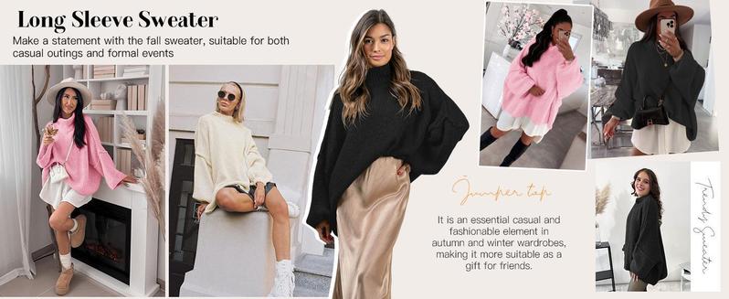 Ebifin【Oversized】Womens Sweaters Mock Neck Batwing Long Sleeve Fall Trendy Ribbed Knit Casual Tunic Sweater