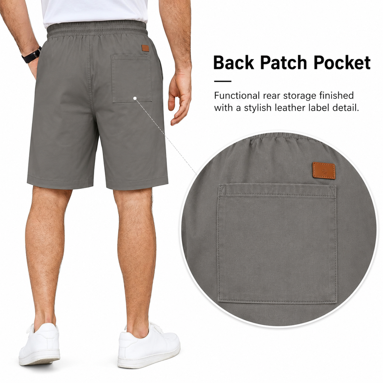 Elastic waistband, black drawstring, and side pocket detail