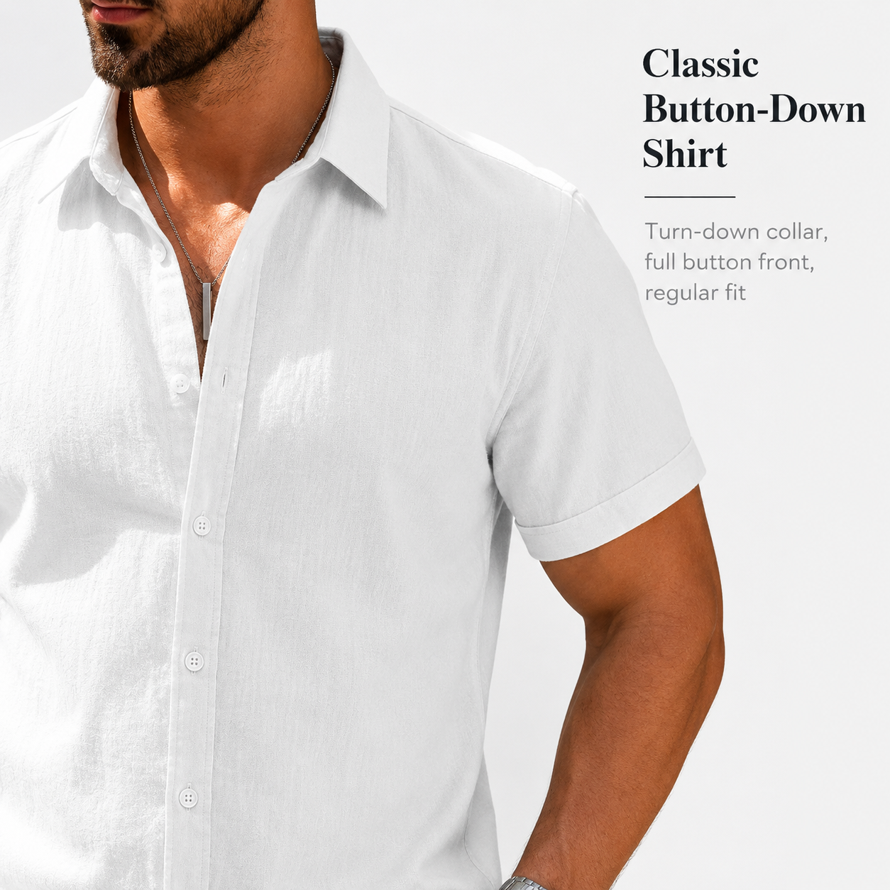 Collar, button placket, and short-sleeve detail