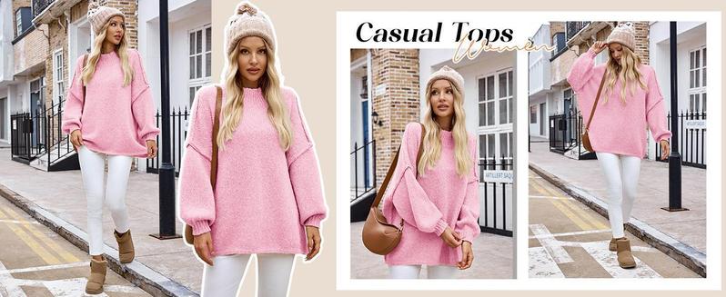 Ebifin【Oversized】Womens Sweaters Mock Neck Batwing Long Sleeve Fall Trendy Ribbed Knit Casual Tunic Sweater