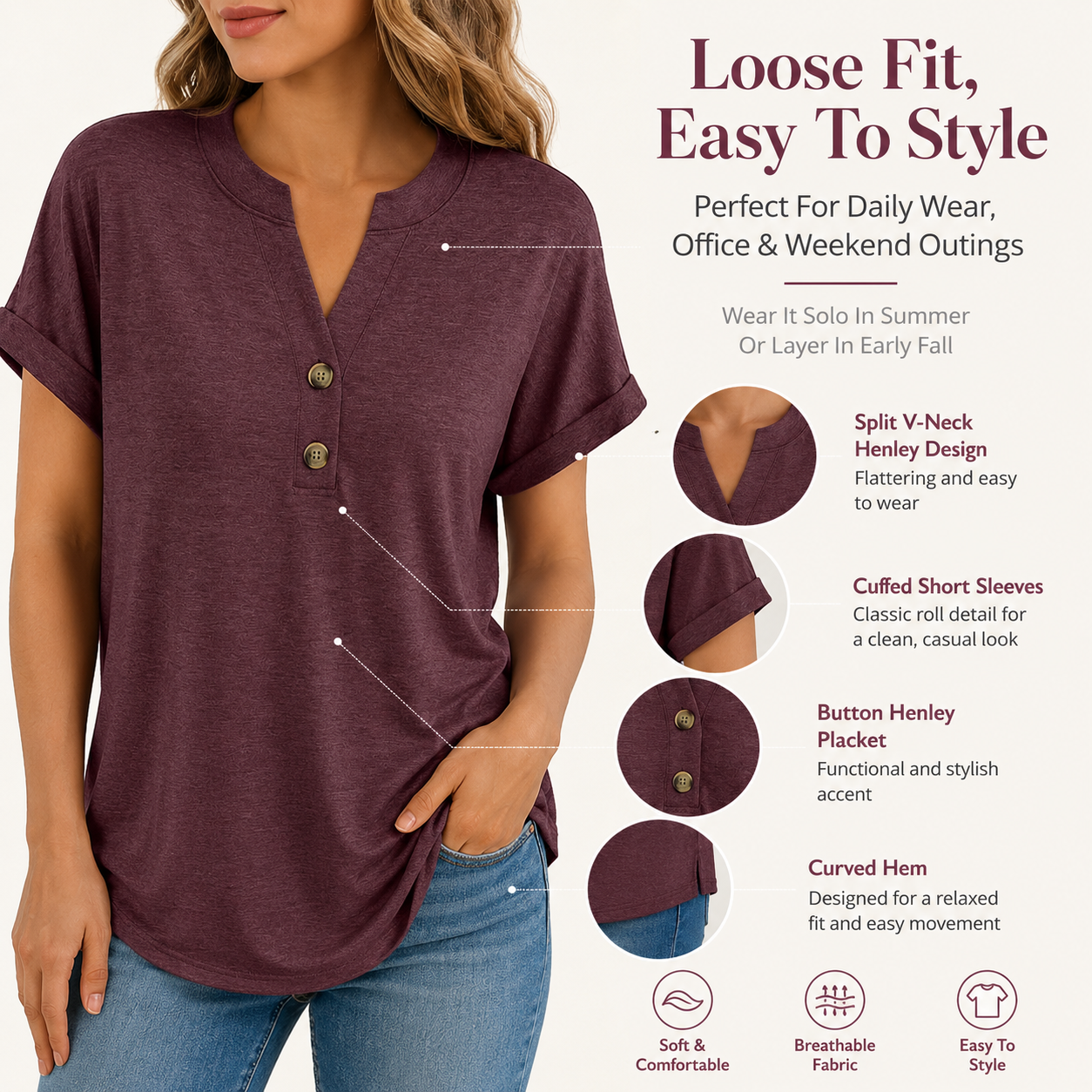 Split V-neck and two-button henley detail